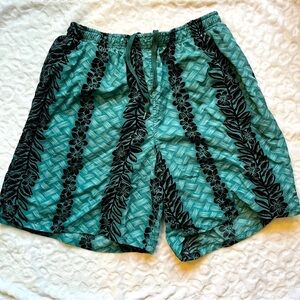 Vintage Speedo Teal and Black Hawaiian Tropical Swim Trunks Size Large
